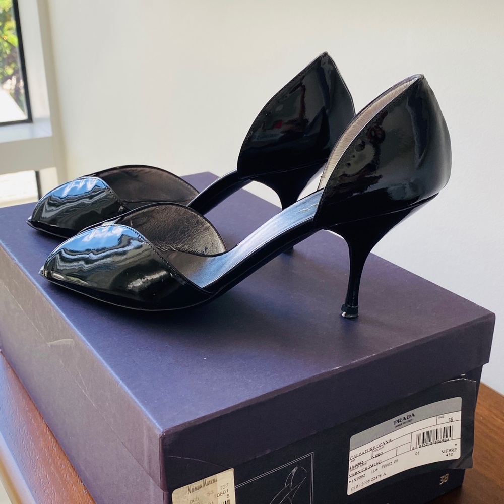 Prada Black Patent Leather Peep Toe Heels